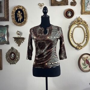ASSA Velvet Psychedelic Optical Print Keyhole Top Size Small Brown Tan